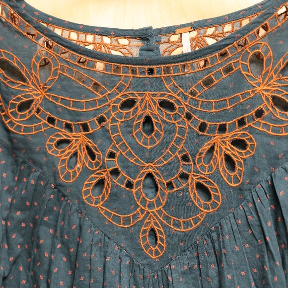Free People Teal and Brown Embroidered Blouse - Picture 2 of 10